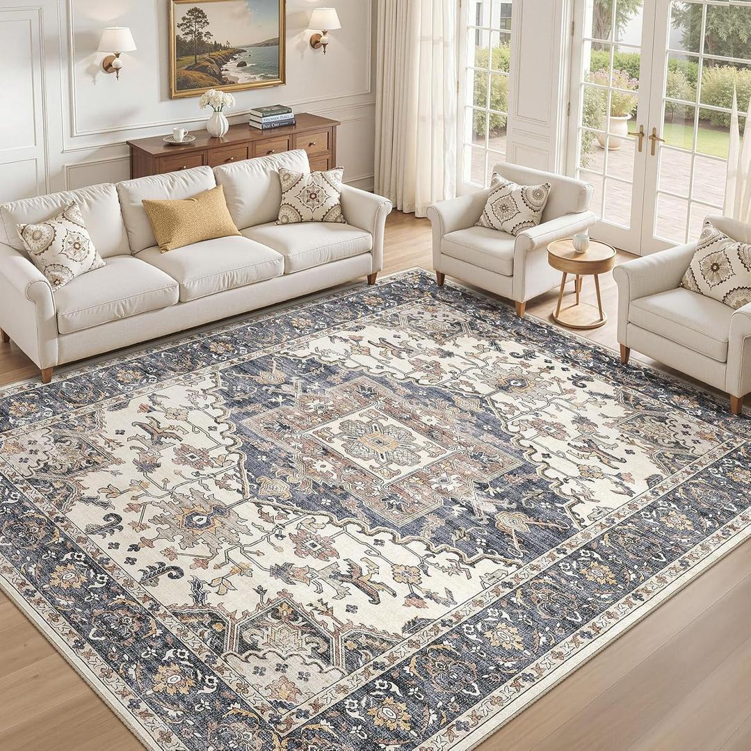 9x12 Washable Area Rugs for Living Room: Non Slip Vintage Beige Blue Rug, Large Soft Stain Resistant Indoor Floor Carpets for Bedroom Dining Room Nursery Home Office Kid & Pet Friendly