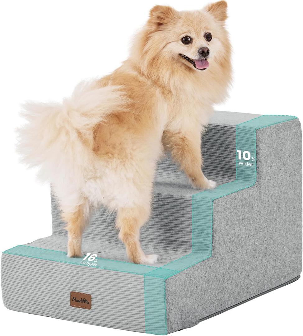 Made4Pets Dog Stairs for Small Dogs, Extra Wide Dog Steps for Bed Couch Sofa and Chair, 35D Foam Pet Steps for Small Dogs and Cats(Up to 40lbs), Non-Slip Bottom Pet Stairs, Light Grey, 3 Steps