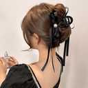 Eviarli Satin Bow Claw Clip Black Hair Bows Long Black Bow Hair Clamps Bowknot Strong Hold Jaw Clip Large Non Slip Hair Clip Fashion Hair Accessories Jewelry for Women and Girls