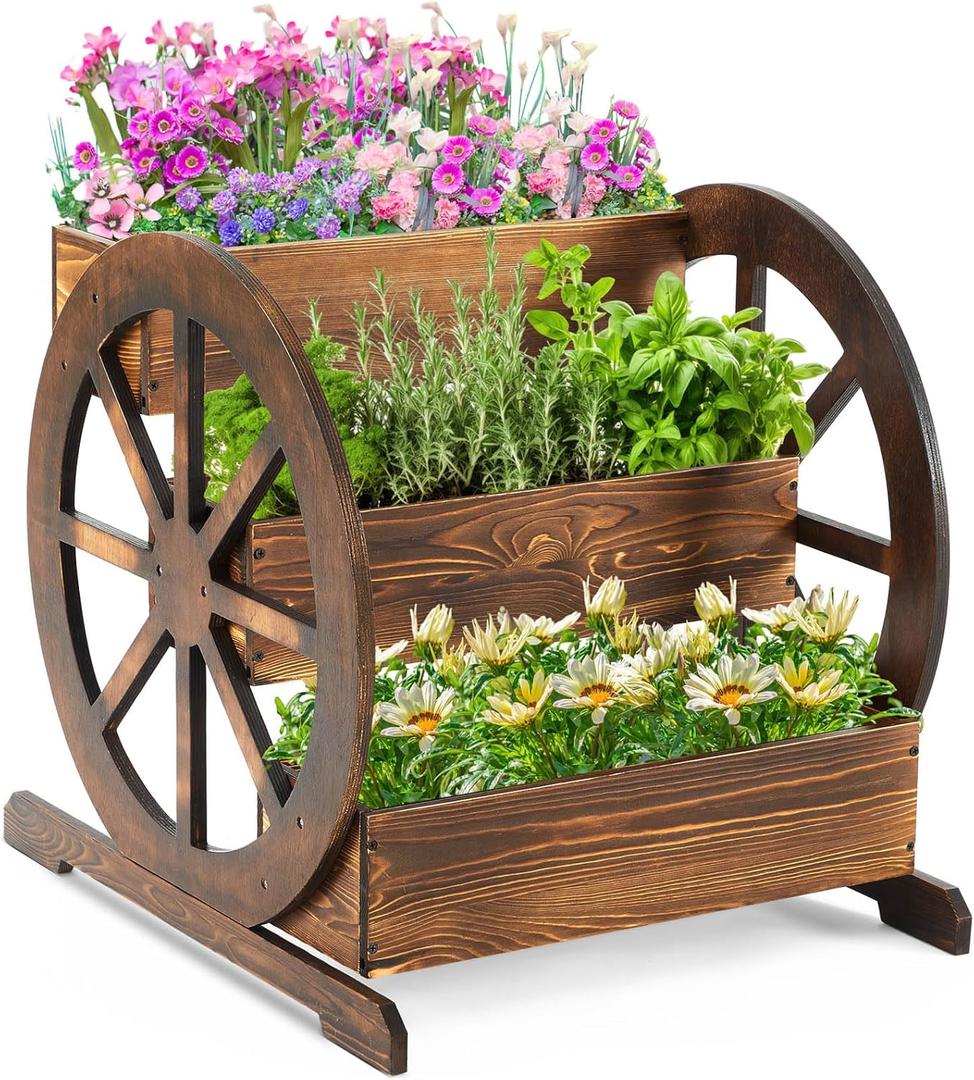 Beeveer 3 Tier Wooden Wagon Planter Box 24" x 24.5" x 22.5" Garden Planter for Outside Wood Planter Box with Drainage Holes Decorative Planters for Patio Garden Balcony Vegetables Flowers Herbs