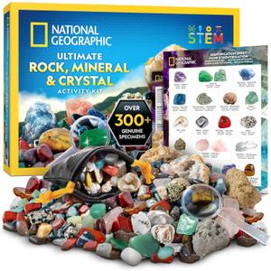National Geographic Rock Collection Box for Kids  300+ Piece Gemstones and Crystals Set Includes Geodes and Real Crystals, Rocks and Minerals, Science Kit for Kids, A Geology Gift for Boys and Girls