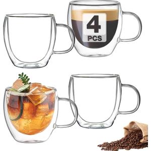 Mfacoy Double Wall Insulated Glasses Espresso Cups Set of 4 (50% Thicker), 5 oz Clear Coffee Cups with Handle, Shot Glasses, Suit for Espresso Machine, Latte, Cappuccino, Glass Coffee Mugs