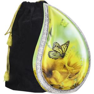 M MEILINXU Cremation Urns for Human Ashes Adult Female & Male, Urn for Ashes for Women & Man, Funeral Decorative Teardrop Urn, Yellow Butterfly and Flower, Large Tear Drop - Full Size