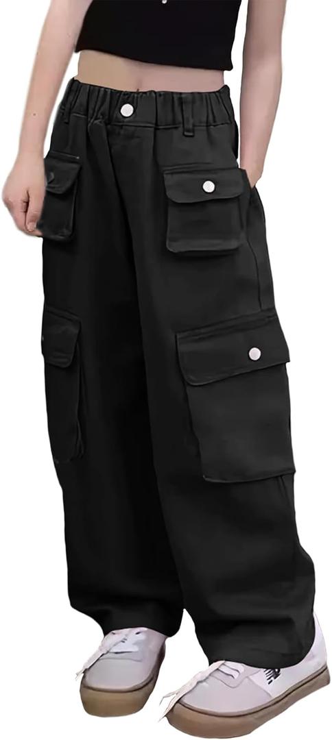 Girl's Elastic High Waist Cargo Pants Wide Leg Trousers with Flap Pocket, 3-14 Years (9-10 Years, Black)