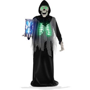 BOO BOX 6.5ft Halloween Animatronic Grim Reaper, Mr. Grim Outdoor Halloween Decoration Standing Poseable Figure with Rotating Head, Light-up, Sound and Motion Activated