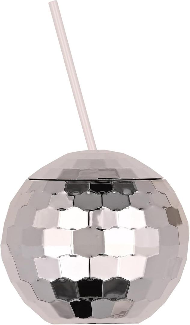 24 Pieces Disco Ball Cups Disco Flash Ball Cocktail Cup with Lid and Straw Bar Party Supplies Wine Cocktail Drinking Syrup Tea Bottle 20 OZ (Sliver)
