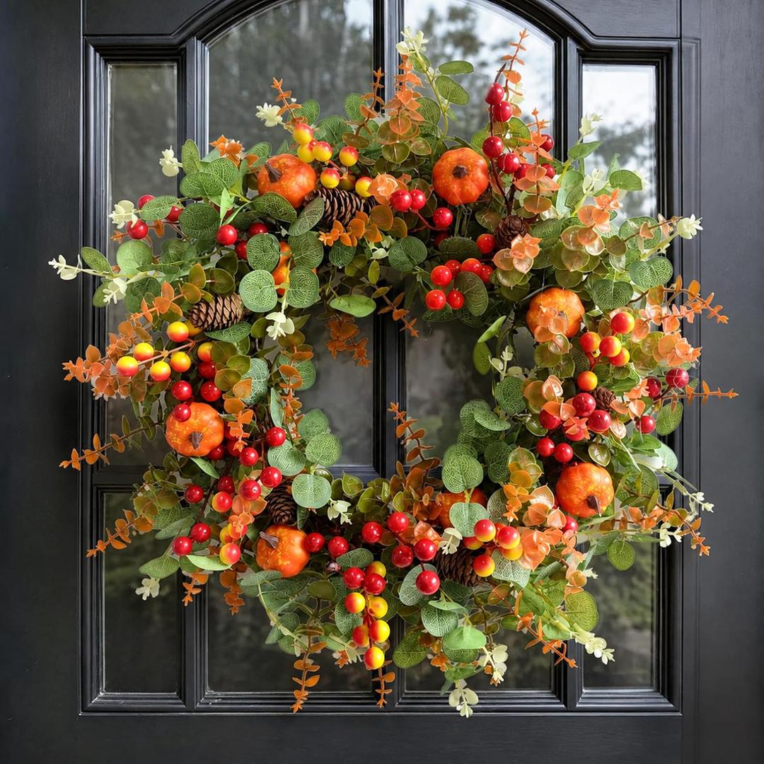 AnyDesign 26 Inch Large Fall Wreath for Front Door, Artificial Eucalyptus