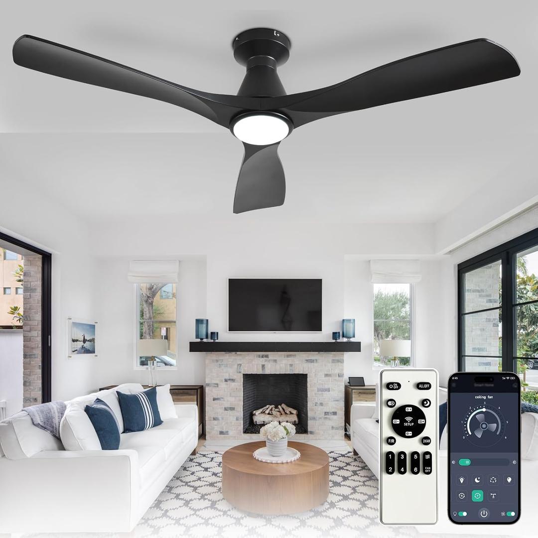 Depuley 52-Inch Ceiling Fans with Lights: Black 3 Blade Flush Mount Low Profile Ceiling Fan for Bedroom - Dimmable Indoor Outdoor Fan with Remote APP Control Ultra Quiet DC Motor Timer