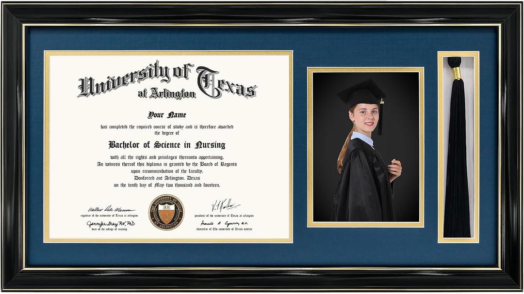 GraduationMall 11x22 Black Diploma Frame with Tassel Holder and Picture for 8.5x11 Certificate 5x7 Photo,Tempered Glass,Navy over Gold Mat