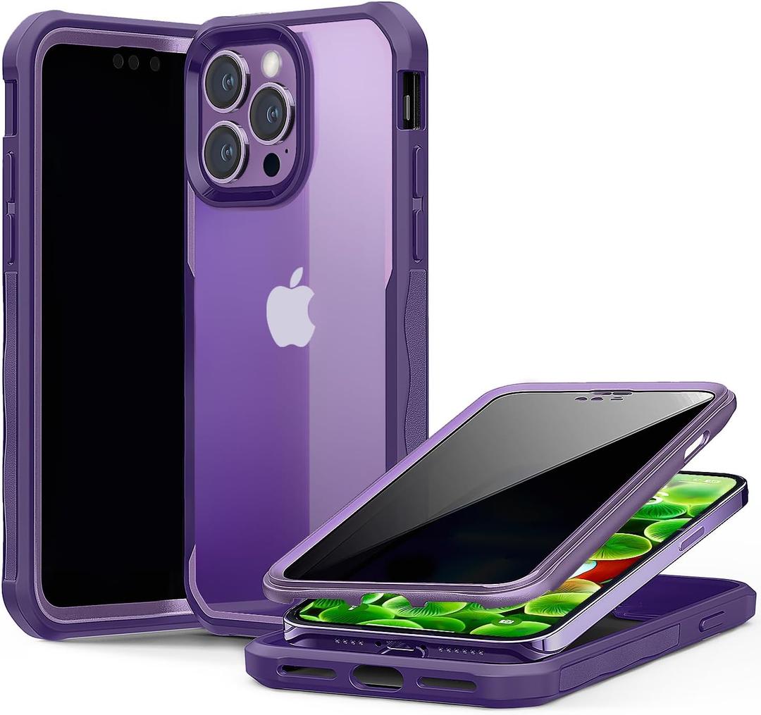 Anti Peeping Case for iPhone 14 Pro Max,360 Degree Double-Sided Privacy Tempered Glass,Shockproof Bumper Privacy Phone Case for iPhone 14 Pro Max,Purple