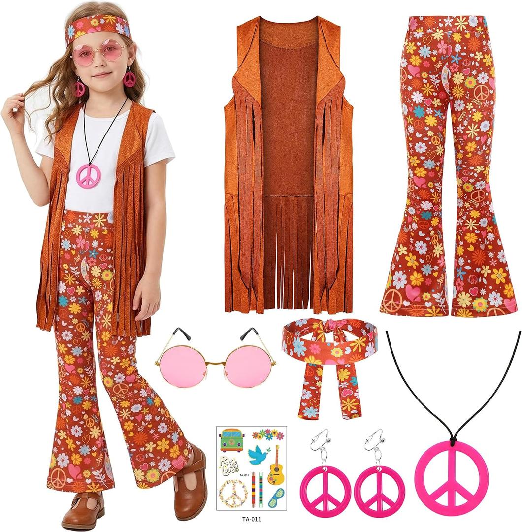 Cuteshower Girl Hippie Costume 70s 60s Hippie Outfits for Girls Halloween Cosplay Party, 6-8Y