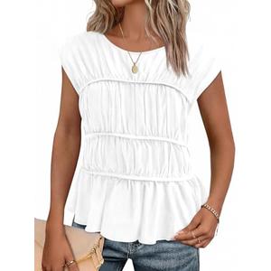 Cicy Bell Womens Cap Sleeve Peplum Tank Tops Summer Babydoll Smocked Cotton Shirts Casual Crew Neck Pleated Blouse White, Large