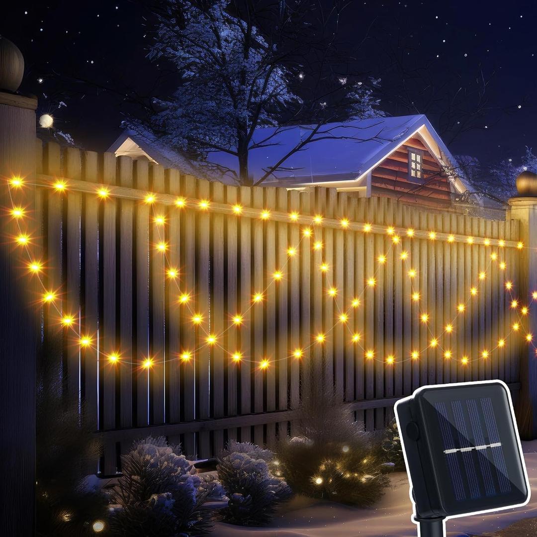 Kittmip 2 Pcs 13ft Total 26ft Christmas Fence Decoration Light Solar Christmas 380 LED String Light Half Round Xmas Outdoor Decor 8 Modes for Patio Garden Backyard Eave(Warm White)