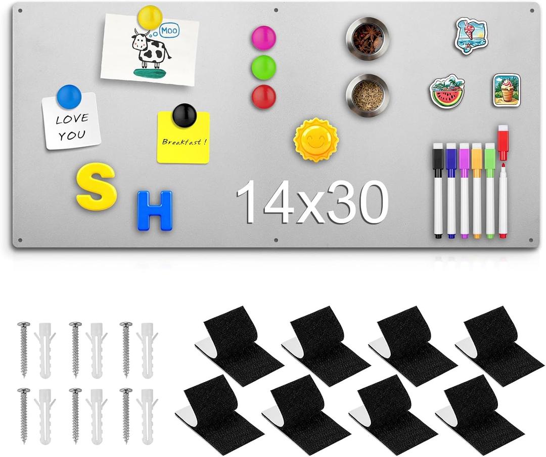 14" x 30" Magnetic Board, Silver Magnet Bulletin Board to Display Magnetic Letters, Metal Board for Wall, Refrigerator, with Dual Lock Tape, Marker Pen