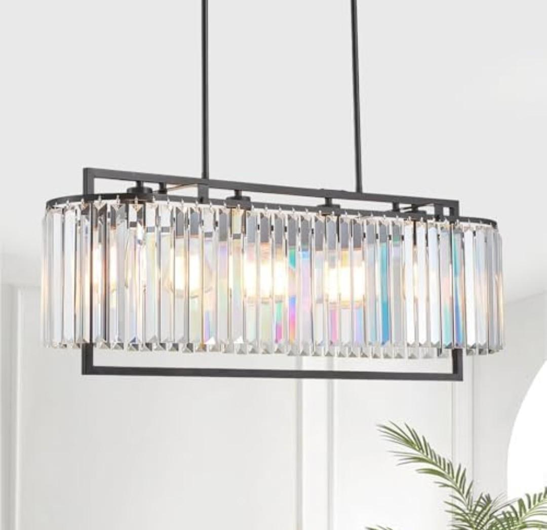 Majhoiw Rectangle Black Crystal Chandeliers for Dining Room, Modern 4-Light Kitchen Island Light Fixture Over Table, 33" Linear Hanging Pendant Lighting for Pool Table Entryway Foyer Hallway