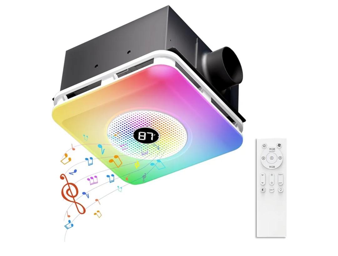 BSEED Bathroom Exhaust Fan with Bluetooth Speaker & LED Light, 230 CFM 1.5 Sone, 7-Color RGB & 3CCT Adjustable Light, Music Sync, Digital Display, Remote Control, Easy Install (White