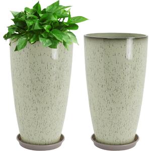 Neoaider Set of 2 Lightweight Ceramic-Look Tall Planter, 21 inch Large Plastic Planter with Drain Hole & Saucers, Large Outdoor Planters for Porch, Garden, Patio, Balcony(Drip Glaze)