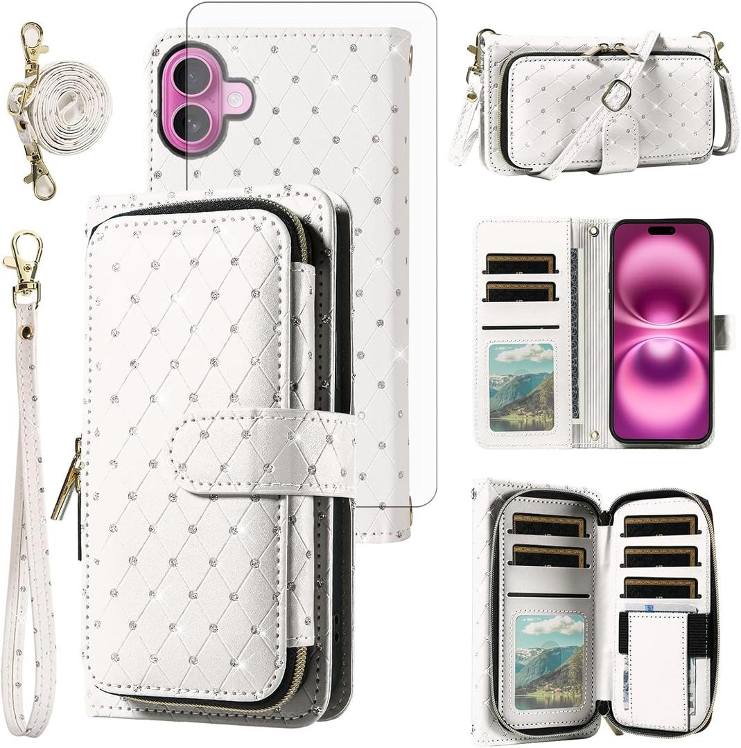 Asuwish Phone Cover for iPhone 16 Plus 6.7 inch Wallet Case Cell Zipper with Tempered Glass Screen Protector Crossbody Lanyard Strap Glitter Card Holder i Phone16 16+ i16 + 16Plus Women Girls White