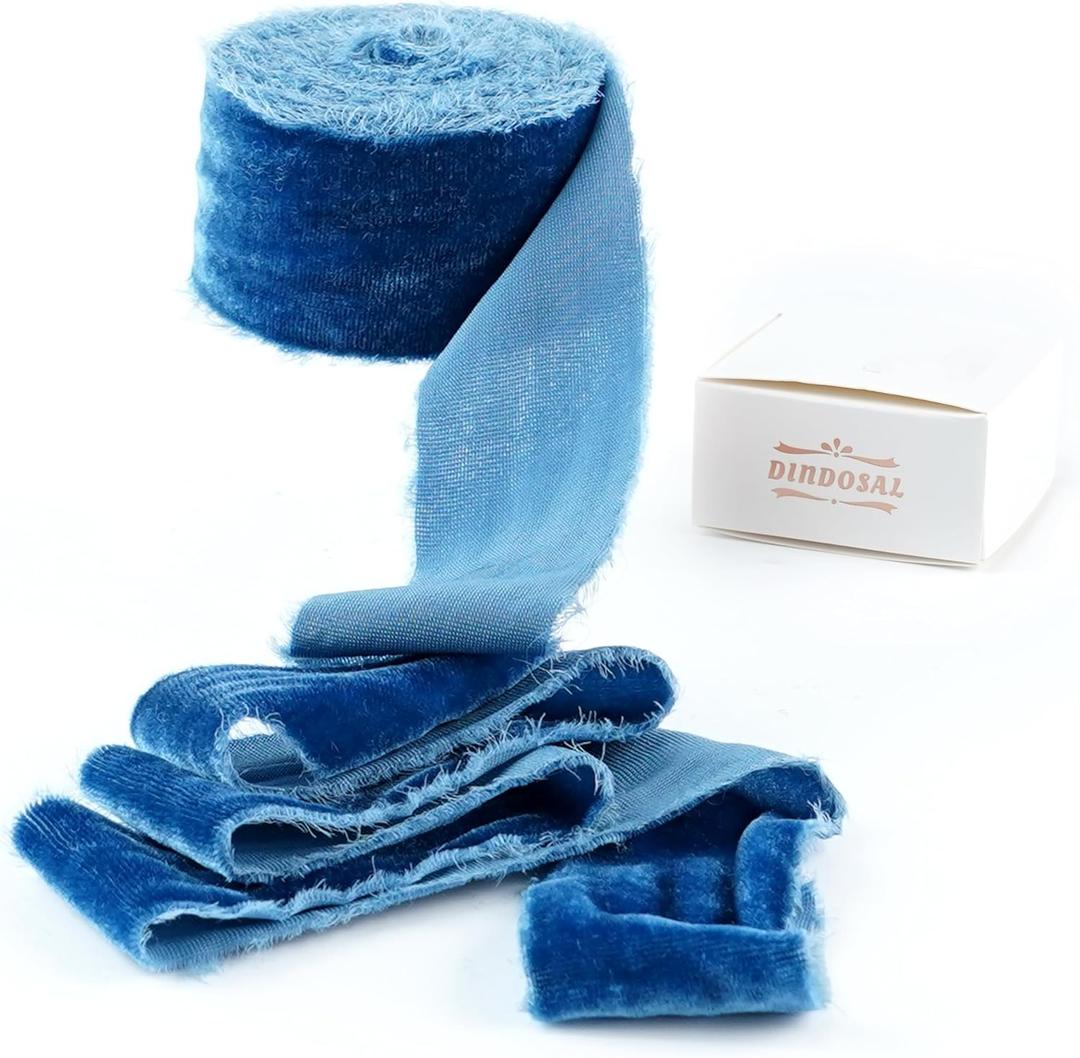 Blue Velvet Ribbon 1.5 Inch Hand Frayed Silk Velvet Ribbon Rustic Velvet for Gift Wrapping, Christmas Tree Decor, Wedding Invitation Bridal Bouquet -3yards, Blue