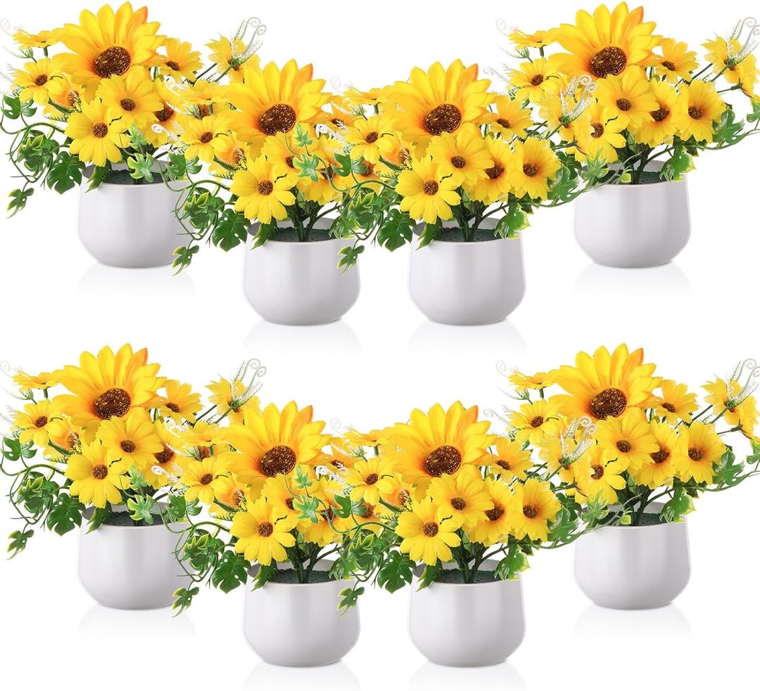 Zeyune 8 Pieces Artificial Sunflower Potted Plants for Yellow Kitchen Decor Sunflowers Bouquet Arrangements Floral Centerpieces for Table Faux Silk Sunflowers for Spring Summer Bathroom Wedding Office