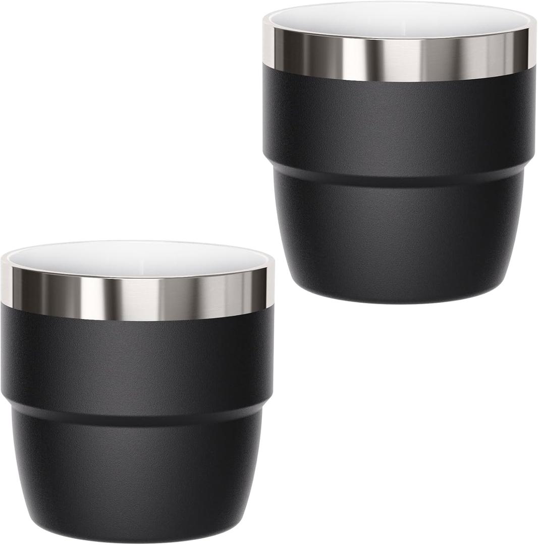 4 oz Espresso/Coffee Cup, Ceramic-Lined 18/8 Stainless Steel, Double-Wall Vacuum Insulated, Stackable, Dishwasher Safe, Fits Most Espresso Machines (Black, 2 Pack)