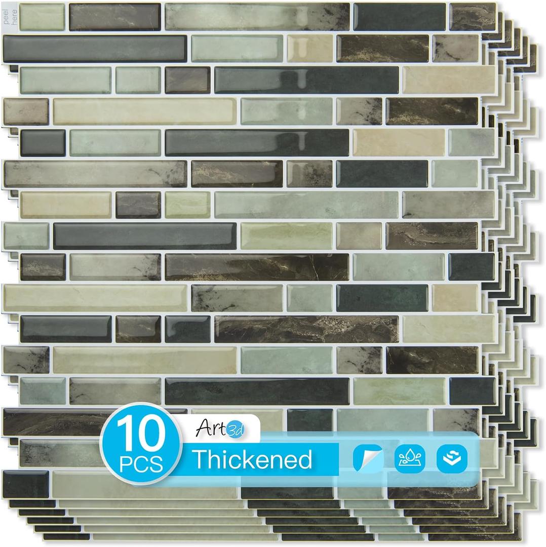 Art3d 10-Sheet Heavy-Duty Peel and Stick Backsplash, Waterproof Wall Tiles Stick on Kitchen Backsplash Living Space, Dark Brown (12 x 12 Inch)