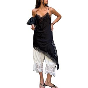 Women Lace Trim Satin High Low Tops Silk Spaghetti Strap Asymmetrical Side Split Cami Top Flowy Silky Layering Tops (Black, S)