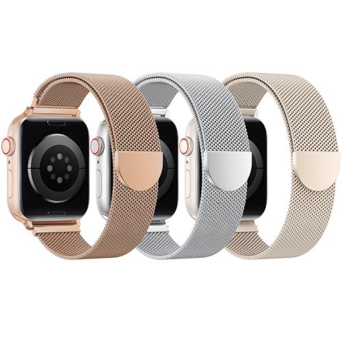 BELONGME 3 Pack Mesh Loop Compatible with Apple Watch Bands for Women Men 40mm 41mm 38mm 42mm 44mm 45mm 49mm 46mm Series 11 10 9 8 7 6 5 4 Ultra3 SE3 2, Stainless Steel Metal Magnetic Strap for iWatch
