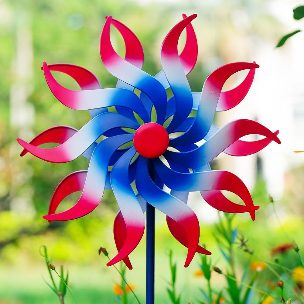 Wind Spinners Outdoor, 15 Inch Dia Metal Wind Sculpture & Spinner, Red White Blue Patriotic Kinetic Windmill for Garden Yard, 4th of July Independence Day Decor, 58" Tall (15 Inch-Red White Blue)