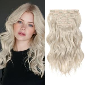 REECHO 14" Short Beach Wavy Hair Extensions - 4PCS Clip in Invisible Lace Weft Natural Soft Hairpieces for Women - Pearl Platinum