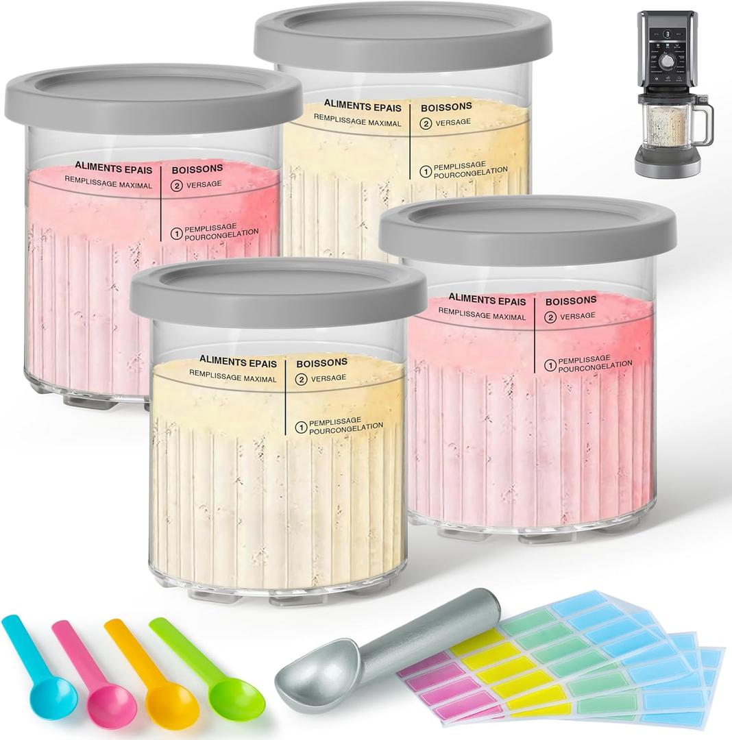 GuanQiao 4 Pack Creami Deluxe Pints & Lids for Ninja, 24 Oz Compatible with NC500 NC501 Series Ice Cream Makers, with 5 Spoons & 64 Writable Labels, BPA-Free & Dishwasher Safe, Gray