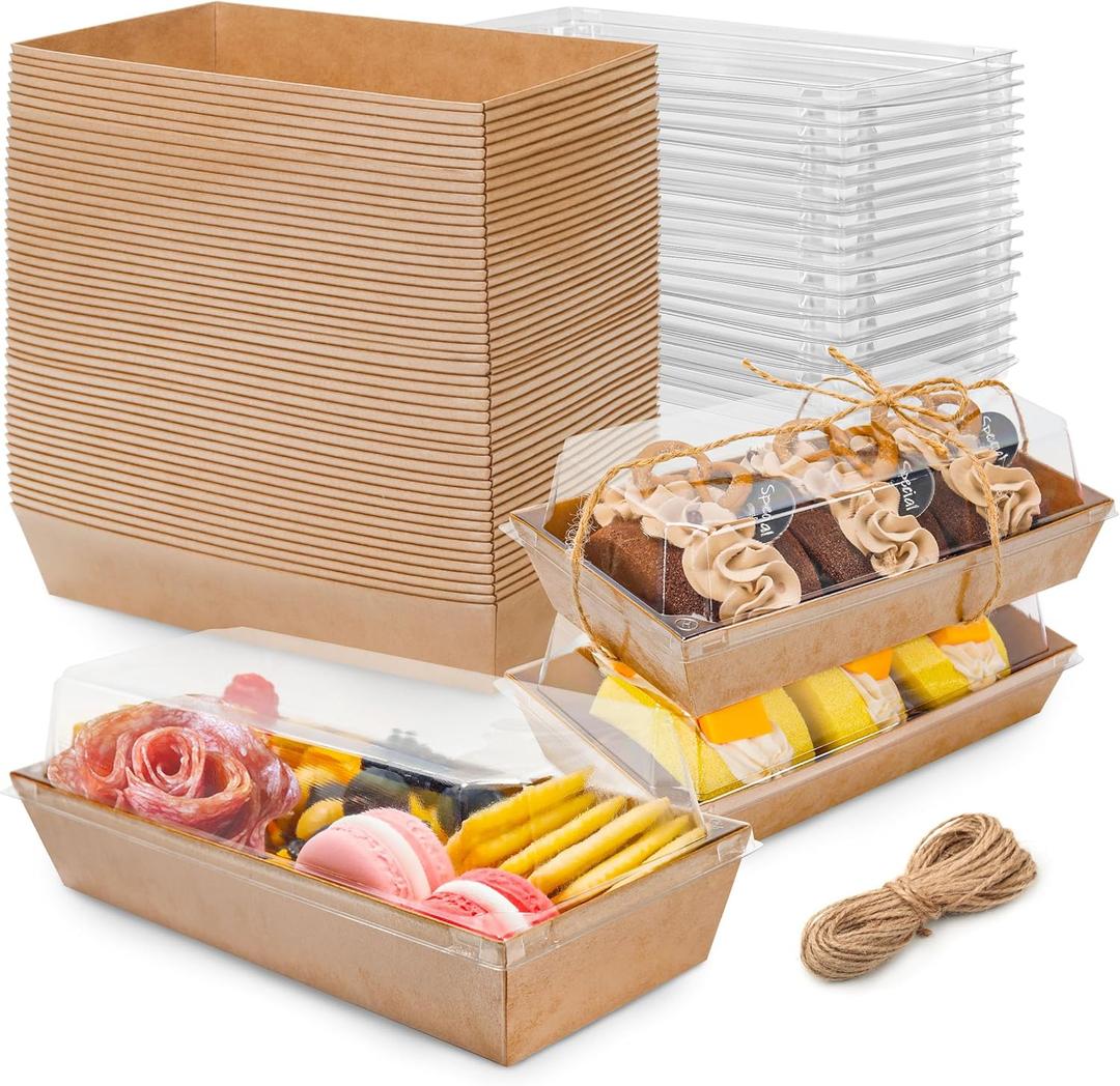 NPLUX Charcuterie Boxes with Clear Lids Mini Dessert Bakery Boxes Disposable To Go Food Containers for Cookie Cake Slice Sushi Strawberry 7.48x3.35x2.5INCH(100 Pack, Brown)