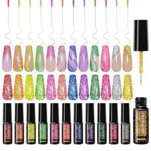 TWOEIGHT Reflective Glitter Nail Art Gel Liner Flash Diamond Painted Polish 12 Colors 8ml Sparkle Silver RED Pink Green Yellow Pigment UV LED Soak off Curing Requires for Design