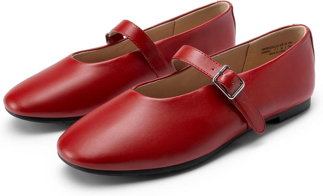 DREAM PAIRS Women's Ballet Mary Jane Flats Dress Round Toe Comfortable Casual Slip On Buckle Strap Flat Shoes (9.5, Red)