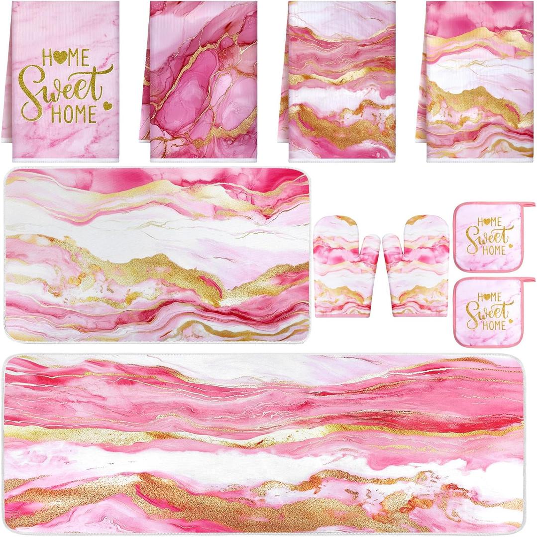 10 Pcs Kitchen Dish Towels Rugs Oven Mitts and Pot Holders Kit Farmhouse Kitchen Decor Set Gloves Vintage Potholders for Baking Cooking Chef(Pink,Modern)