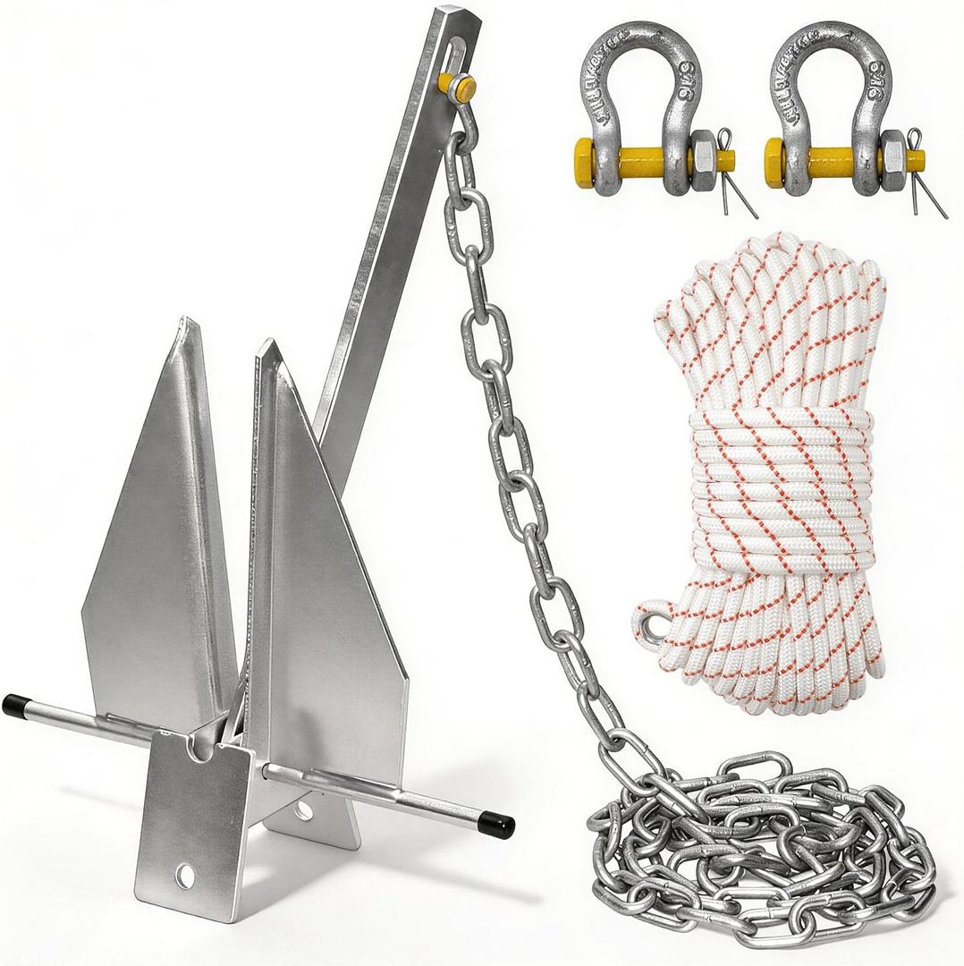 Heavy Duty Hot-Dipped Galvanized Danforth Anchor Kit for Boats - Fluke Anchor with Chain, Shackles & Rope, Ideal for Pontoon, Fishing & Sail Boats (13lb: Fit 20-32 FT Boat)