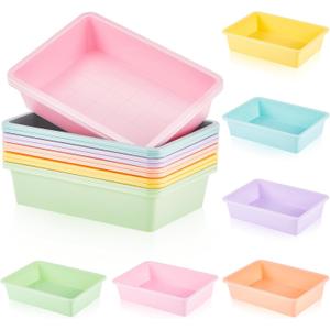Taiyin 12 Pcs Plastic Flat Storage Tray Classroom Paper Bins Containers School Office Letter Basket Art Book Organization File Holder(Pastel Color)