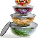 8pc Ribbed Glass Mixing Bowls with Leakproof Airtight Lids - BPA-Free Meal Prep Stackable Space Saving Nesting, Kitchen Baking Food Storage & Serving Containers - Microwave, Freezer, Dishwasher Safe., Gray