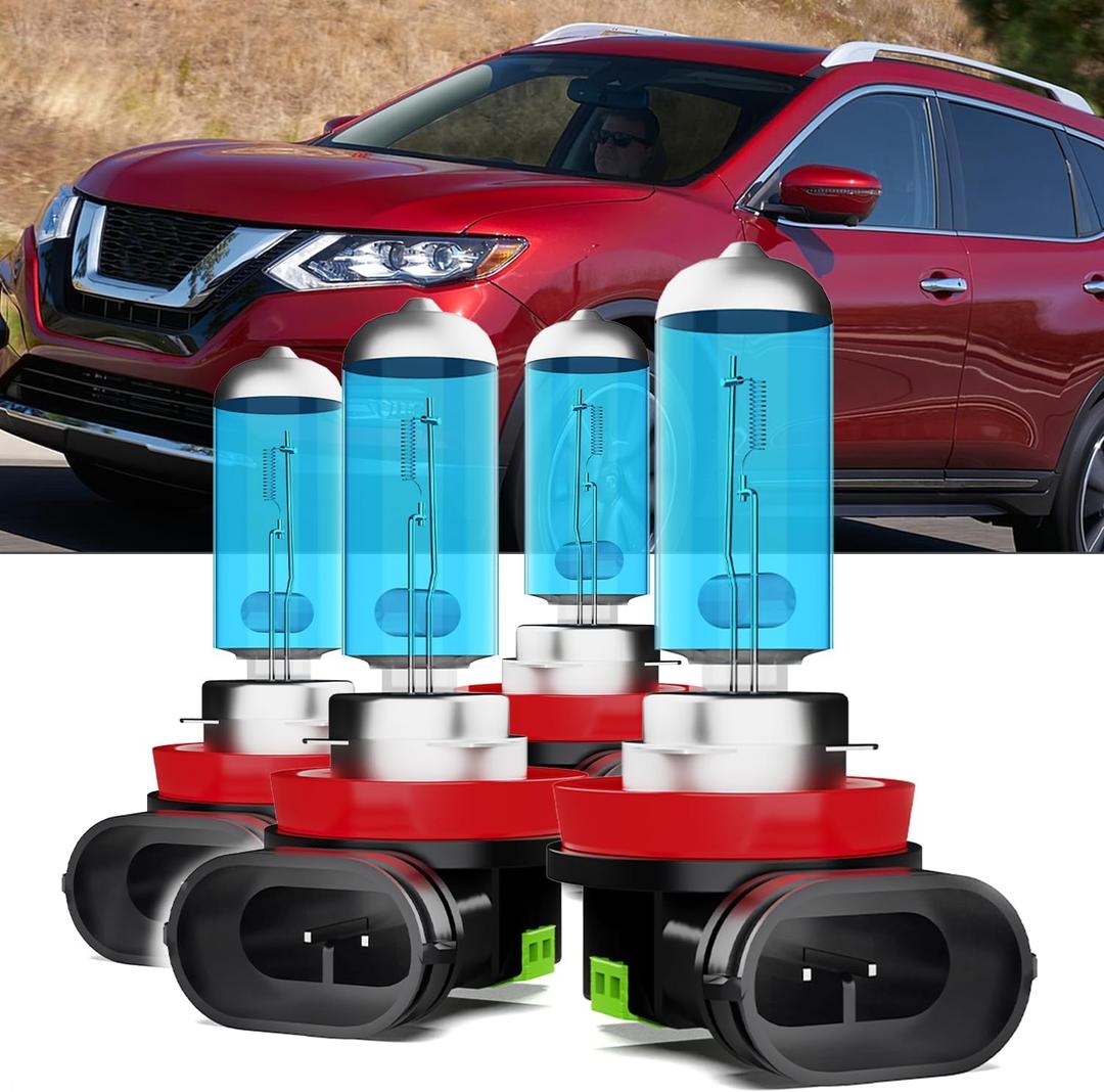 Upgraded Halogen Headlight Bulbs Fit For Nissan Rogue 2014-2020,H11/H8/H9 High Beam H11/H8/H9 Low Beam High Performance Headlights,6000K White,Plug n Play,4-Pack
