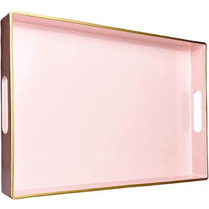 Umisriro Pink Serving Tray with Handles, Rectangular Decorative Tray for Coffee Table, Plastic Ottoman Tray for Living Room, Bathroom, Kitchen Tabletop, 15.6x 10.2x1.37