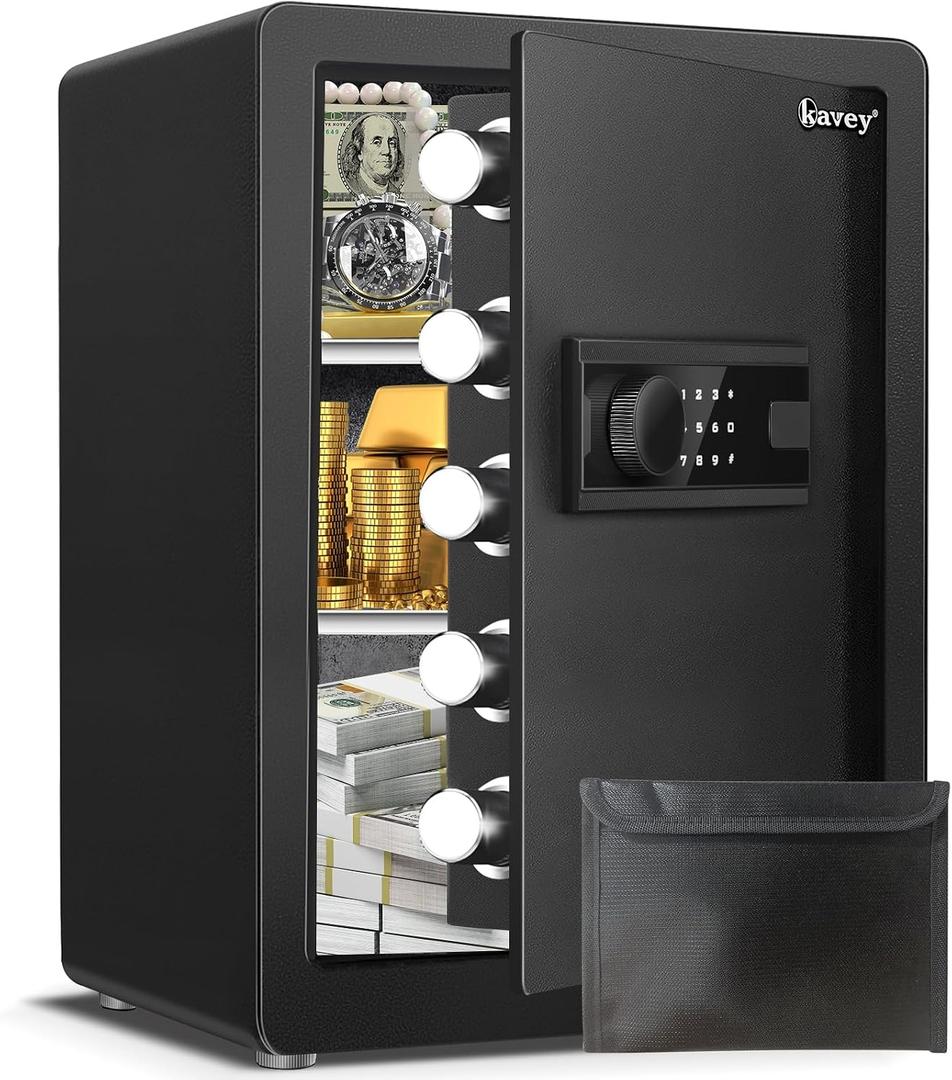 Kavey 2.5 Cub Safe Box, Large Home Safe with Fireproof Waterproof Bag, Security Safes with Backlit Touch Screen Keypad, Dual Alarm System and Mute Function for Home Office 13"D x 14.96"W x 21.65"H