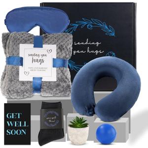 Get Well Gifts For Men,Care Package For Men With Cozy Blanket|Memory Foam Pillow|Stress Ball|Socks|Eye Mask|Thinking Of You Greeting Card|Little Plant,Get Well Soon Gift Basket for Dad|Husband|Brother