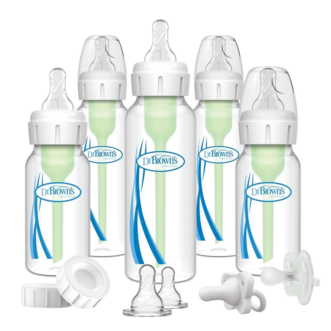 Dr. Brown's Natural Flow Anti-Colic Options+ Narrow Baby Bottle Gift Set with Advantage Pacifier & Bottle Travel Caps, 0m+ 