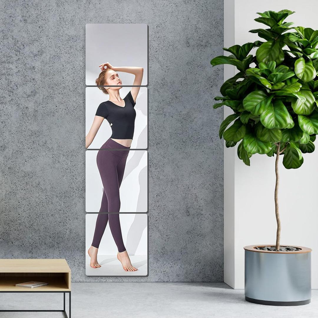 4 Pcs Full Length Wall Mirror Tiles, 12 x 16 in Self Adhesive Acrylic Square Flexible Mirror Sheets Wall Stickers Frameless Mirrors Set for Bathroom Home Gym Door Mirror