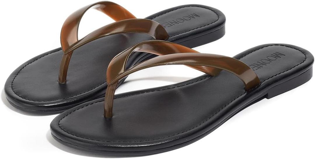 Flip Flops for Women Jelly Slim Thong Sandals Minimalist Essentials Flat Sandals Summer Beach Travel Walking Slides with Vegan Leather (7, Brown)