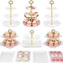 Pack of 10 NWK Cake Stand Set, with 3 x Two-Tier and 3 x Three-Tier Cupcake Stands, 4 x Appetizer Trays, for Birthday Baby Bridal Shower Party (Gold)