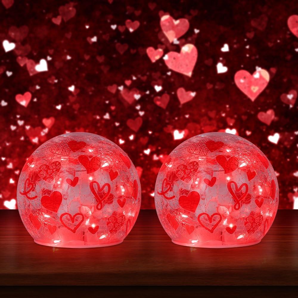 YEAHOME Valentines Day Decorations, Set of 2 Crackle Glass Ball Led Lights with Love Heart Pattern for Table Decor, Lighted Globes with Timer for Home Indoor Living Room Mantel Centerpiece, Red