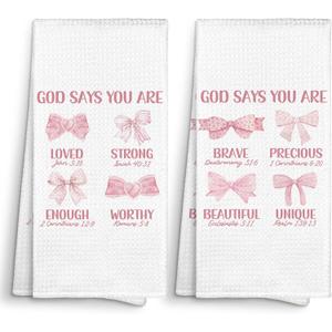 Pink Christian Bible Coquette Bow Kitchen Towels 16x24 Set of 2, God Says You are Loved Dish Towels Cloths Dishcloths Tea Towel for Teen Girls Dorm, Girls Nursery Bathroom Hand Towel Decor
