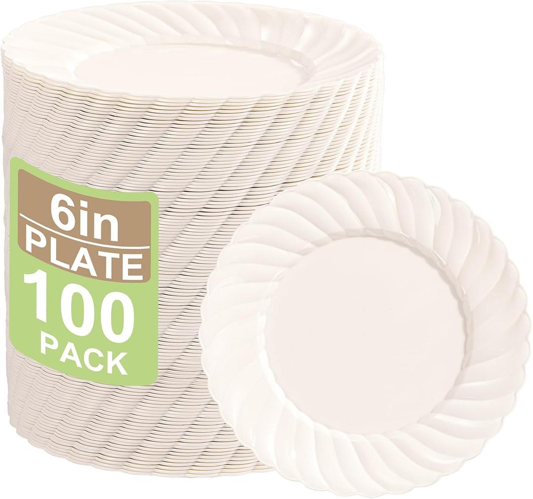 U-QE 100 Count 6 Inch Ivory Plastic Plates - Scalloped Dessert Plates Disposable - Premium Fancy Disposable Heavy Duty Party Supplies for Party, Celebrations, Weddings and Events