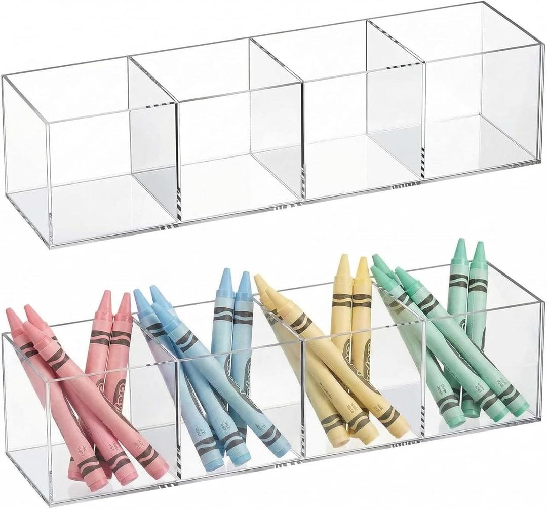 Epakh 2 Pieces 4 Compartment Acrylic Cube Organizer 4 Section Clear Acrylic Pencil Holder Small Drawer Organizer for Makeup Brush Crayon Desk Home Office Back to School Supplies